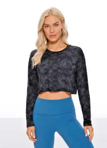 CRZ YOGA women's Workout Gym Shirt Cropped Long Sleeve Tie Dye Smoke Ink Large - Picture 1 of 4