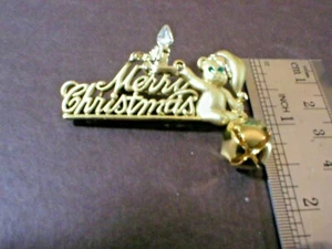 High quality Merry Christmas Gold Tone w/ White & green Rhinestones Brooch Pin - Picture 1 of 3