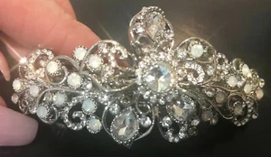 New Silver Floral With Clear Crystal &Opals 3 1/2'' Hair Barrette- Lever Back - Picture 1 of 2
