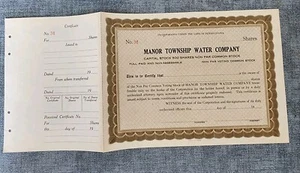 Unused 1929 Manor Township Water Company. Stock Certificate Pennsylvania - Picture 1 of 4
