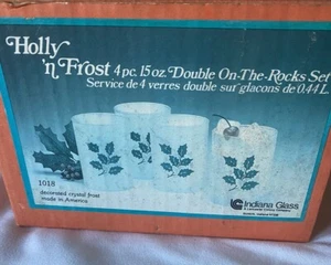 Indiana Glass Christmas Holly N Frost 4 PC 15 oz Double On The Rocks Glasses USA - Picture 1 of 5