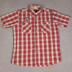Kani Gold Shirt Mens XL Red Plaid Button Down Short Sleeve Patches Fitted - Picture 1 of 15