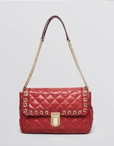 Michael Kors Hippie Grommet Sloan Large Quilted Shoulder Flap Handbag Red & Gold - Picture 1 of 11