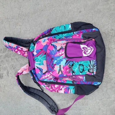 Mochila Roxy Tropical Estampado Floral Púrpura Verde azulado Mujer Mochila Malla Bolsillos Logo Foto 1 de 2