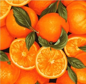 Tela de algodón BTHY empaquetada naranjas y hojas verdes por media yarda 7747 - Imagen 1 de 1
