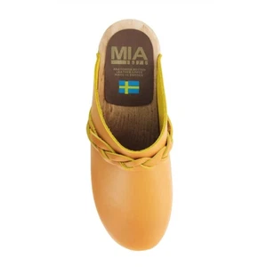 MIA Authentic Swedish "Elsa" Tan 100% Leather 3" Wooden Inch Clogs sz 38/US 8 - Picture 1 of 10