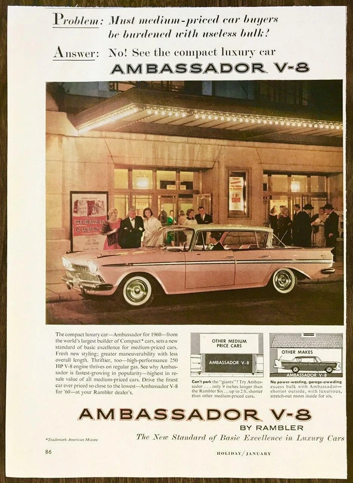 Rambler Ambassador 1960 V-8 anuncio impreso rosa blanco paredes frente al teatro Foto 1 de 1