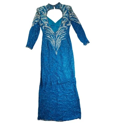 Vintage Alyce Designs Blue Sequin Gown With Beaded Patterns Long Sleeves & Front - Image 1 of 4