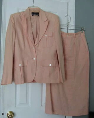 20 世纪 80 年代 Ralph Lauren 粉色亚麻 2 件套西装外套和直裙尺寸 4-6-8  — 第 1/4 张图片