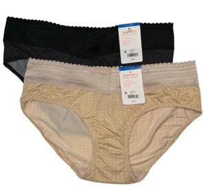 WARNERS 2-Pair No Pinching No Problems Hipster Panty Lace Black Cream Dot XL 8 - Picture 1 of 3