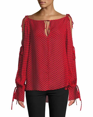 Blusa top de seda con estampado de lunares MILLY Connie con detalle de corbata 210DG040628 PRECIO DE VENTA SUGERIDO POR EL FABRICANTE $375 Foto 1 de 4