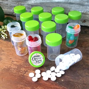 Small  Plastic Pill Bottles  12 Jars Lime  CAPS  Containers #3308 DecoJars USA - Picture 1 of 5