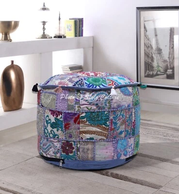 18 in Patchwork Round Ottoman Yoga Pouf Cover Footstool Pouffe Ethnic Decor - Image 1 of 4