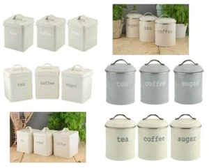 Set Of 3 Cream Square / Round Tea Coffee Sugar Kitchen Storage Canisters  - Picture 1 of 7