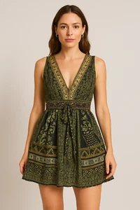 Camilla Mini Dress Large 14 Green For The Love of Lhasa V-Neck Short W/Tie $549 - Foto 1 di 17