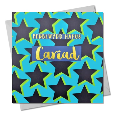 CLAIRE GILES RETAIL Welsh Birthday Card, Penblwydd Hapus Boyfriend Stars, text foiled in shiny gold