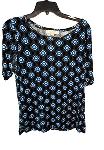 LOFT schwarz blau Medaillon Print Viskose Bluse Kurzarm U-Boot-Ausschnitt Größe Large - Bild 1 von 12