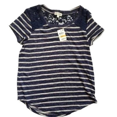 MAISON JULES Womens T-Shirt XSmall Striped Short Sleeves Floral Lace Nautical - Image 1 of 4