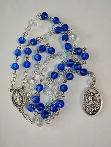 St Michael Chaplet Angelic Crown Rosary Blue Czech Crystal Beads medals lot - Picture 1 of 8