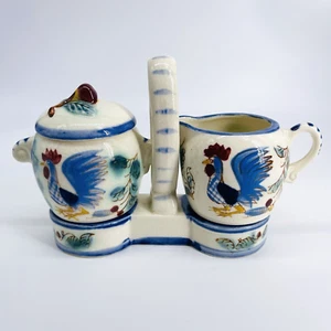 VTG NASCO JAPAN CERAMIC BLUE FLORAL ROOSTER SUGAR W.LID & CREAMER HANDLE CARRIER - Picture 1 of 12