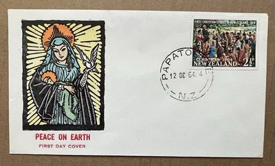 Nueva Zelanda 1964 Navidad FDC • Paz en la Tierra • Madonna & Child Linocut Foto 1 de 4