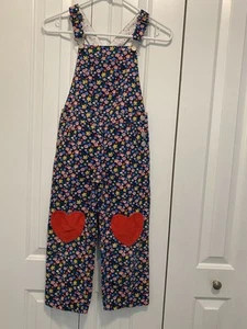 Mini Boden Floral Heart Applique Denim Overalls Kids Size 6-7 - Picture 1 of 7