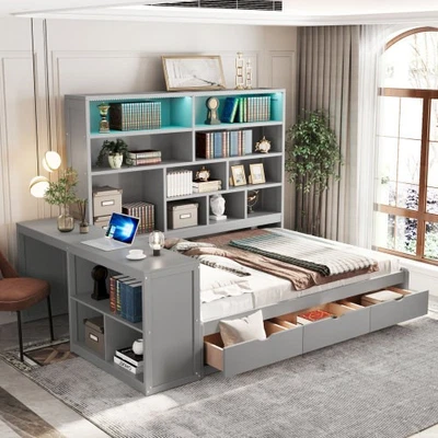 Solid Wood Daybed with Storage Bookshelves Drawer & Desk Full Size Sofa Bed LED - Image 1 of 4