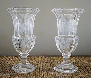 Vintage TIFFANY & Co. Pair Biedermeier Etched Lead Crystal Flower Vases 10in - Picture 1 of 8