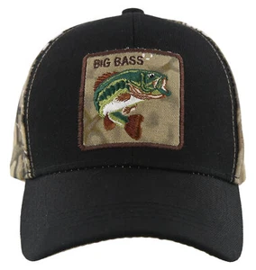 NEW! FISH BIG BASS OUTDOOR SPORT FISHING BALL CAP HAT BLACK FOREST CAMO - Picture 1 of 4