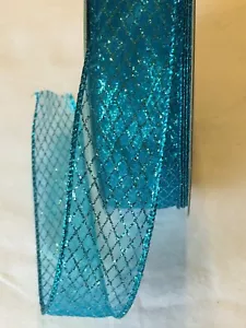 5 yds. AQUA BLUE MICRO DIAMOND GLITTER WIRE EDGE RIBBON 1 1/2" Wide - Picture 1 of 1