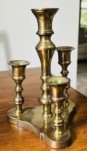 Vintage Heavy Shiny Brass 4 Piece Adjustable Candle Triangle Candelabra 8” H - Picture 1 of 9