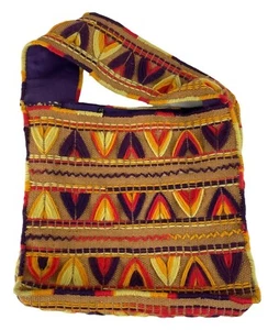Vintage Handmade Colorful Yarn Embroidered Burlap Lined Tote Bag - Picture 1 of 10