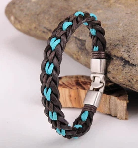 G446 Silver Exquisite Braided Hemp & Leather Wristband Bracelet Cuff Mens New L - Picture 1 of 11