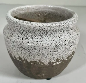 Simple Style White/brown Pottery Vase / Planter Round Glaze Small 4" Rustic - Picture 1 of 6