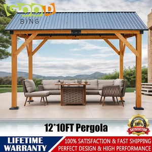 Garden Patio Pergola Wood Gazebo Hard Top Steel Metal Roof with Wooden Frame - Picture 1 of 10