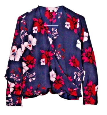 BLUSA ENVOLVENTE A NEW DAY mujer talla M azul marino rosa blanco floral manga larga sedosa Foto 1 de 4