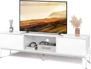 Modern TV Stand for 65 Inch TV, Mid Century, Storage Cabinets, Metal Legs, White - Picture 1 of 12