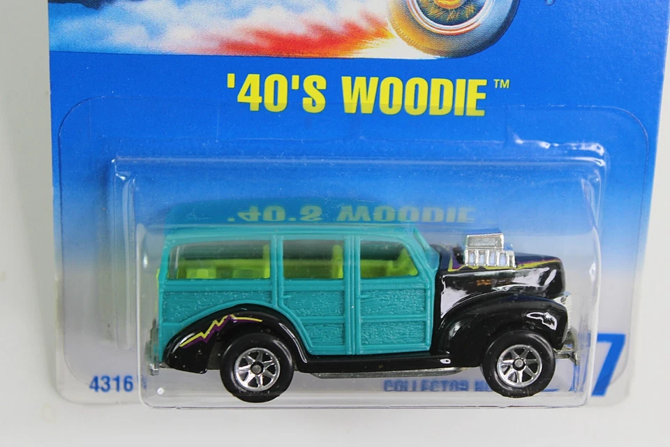 Hot Wheels '40s Woodie #217 Dark Teal Blue Card 7 Spoke Variation U2