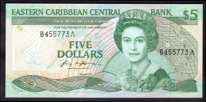 Antigua: ECC Bank, Five dollars, (1988-89), B455773A, (Pick 22a1), AU-UNC - Picture 1 of 2
