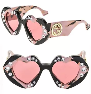GUCCI HOLLYWOOD FOREVER 1329 Black Pink Heart Crystal Sunglasses GG1329S 001 - Picture 1 of 10