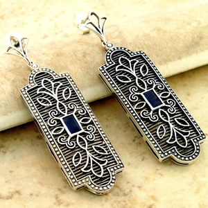 GENUINE SAPPHIRE DECO ANTIQUE STYLE 925 STERLING SILVER FILIGREE EARRINGS 985X - Picture 1 of 1