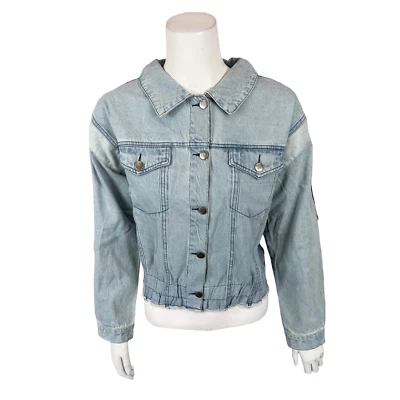 Chaqueta de mezclilla para mujer con control My Wonder de retazos blanqueada talla mediana Foto 1 de 2