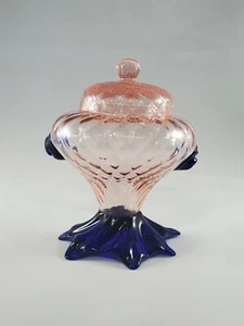 VINTAGE ART GLASS HAND BLOWN CANDY DISH PINK & COBALT BLUE COLLECTIBLE GLASS - Picture 1 of 12