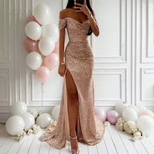 Maxi Vestidos Ajustados Champagne Fiesta de Baile de graduación Elegante Fuera del Hombro Talla 12 - Imagen 1 de 6
