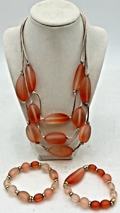CHICO'S CORAL COLORED CHUNKY STONE NECKLACE 18" + & MATCHING STRETCH BRACELETS - Picture 1 of 18