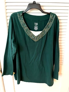 Basic Editions Size 3X Long Sleeve Forest Green Beaded & Crystal Knit Top - Picture 1 of 2
