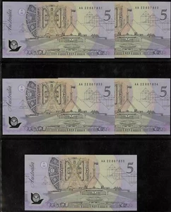 1992 Australian Run 5x $5 AA22 607851-855 First Original QE2 Polymer issues r214 - Foto 1 di 2