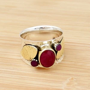 Indian Ruby Ring, 925 Sterling Silver Ring, Lab-Created, Two Tone Women Ring - Picture 1 of 4