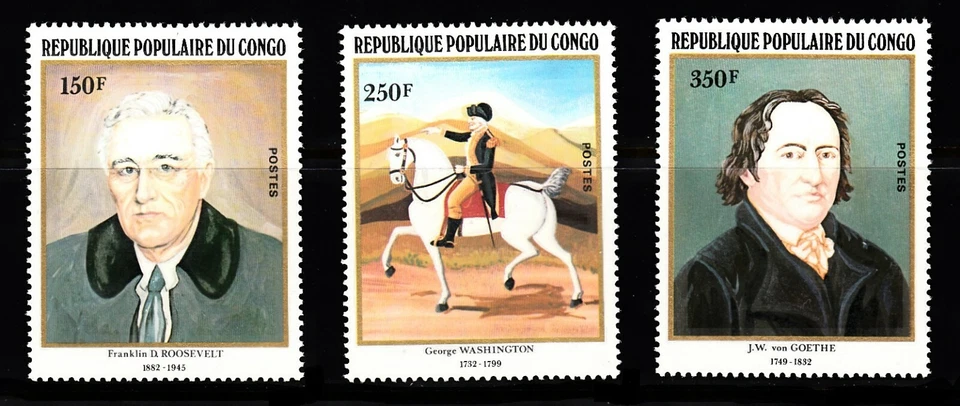 CONGO P. R. - SC# 636-638 ROOSEVELT, WASHINGTON, GOETHE - MNH - Image 1 of 1