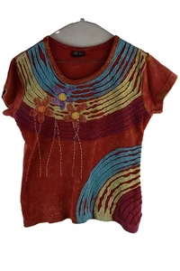 GRINGO Red Boho T-Shirt size S/M Womens Nepal 100% Cotton Hippie summer Casual - Picture 1 of 8